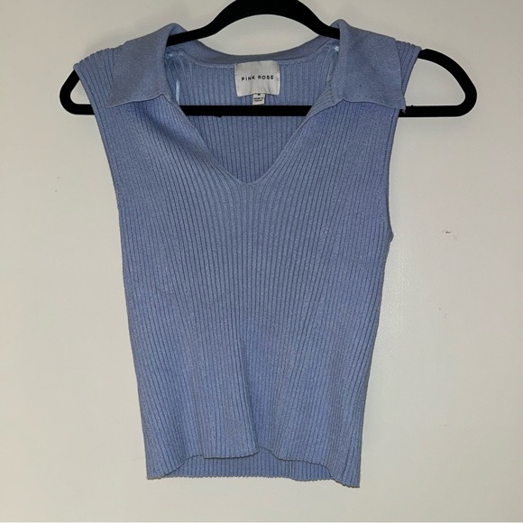Pink Rose Tops - Pink Rose Women’s Blue Ribbed Collared Sleeveless Sweater Top Medium